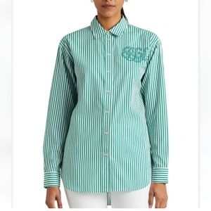 Lauren Ralph Lauren Striped Print Point Collar Shirttail Hem Long Sleeve Shirt